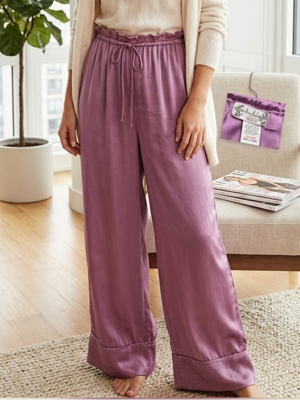 Intimately Free People Satin Wide-Leg Pants Mauve Paperbag Drawstring Small